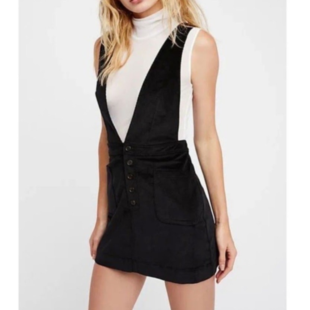 Free People Women's 6 Corduroy Jumper Dress Black Button Front Cross Back Mini